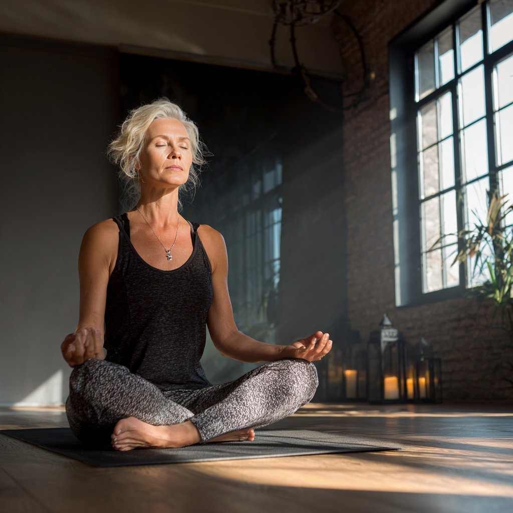peaceful middle-aged person practicing yoga poses in beautiful studio with natural lighting