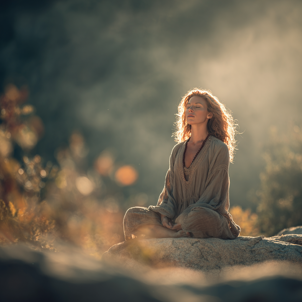 serene woman practicing meditation in natural setting with soft morning light